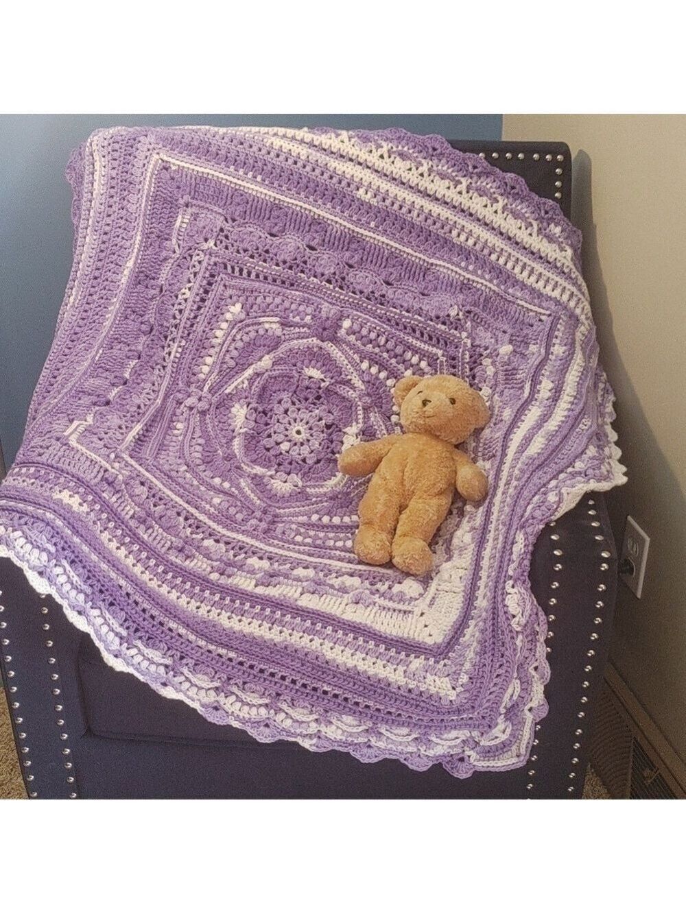 Handmade Hooked on Sunshine "For..." Purple/White Acrylic Baby Blanket -41"